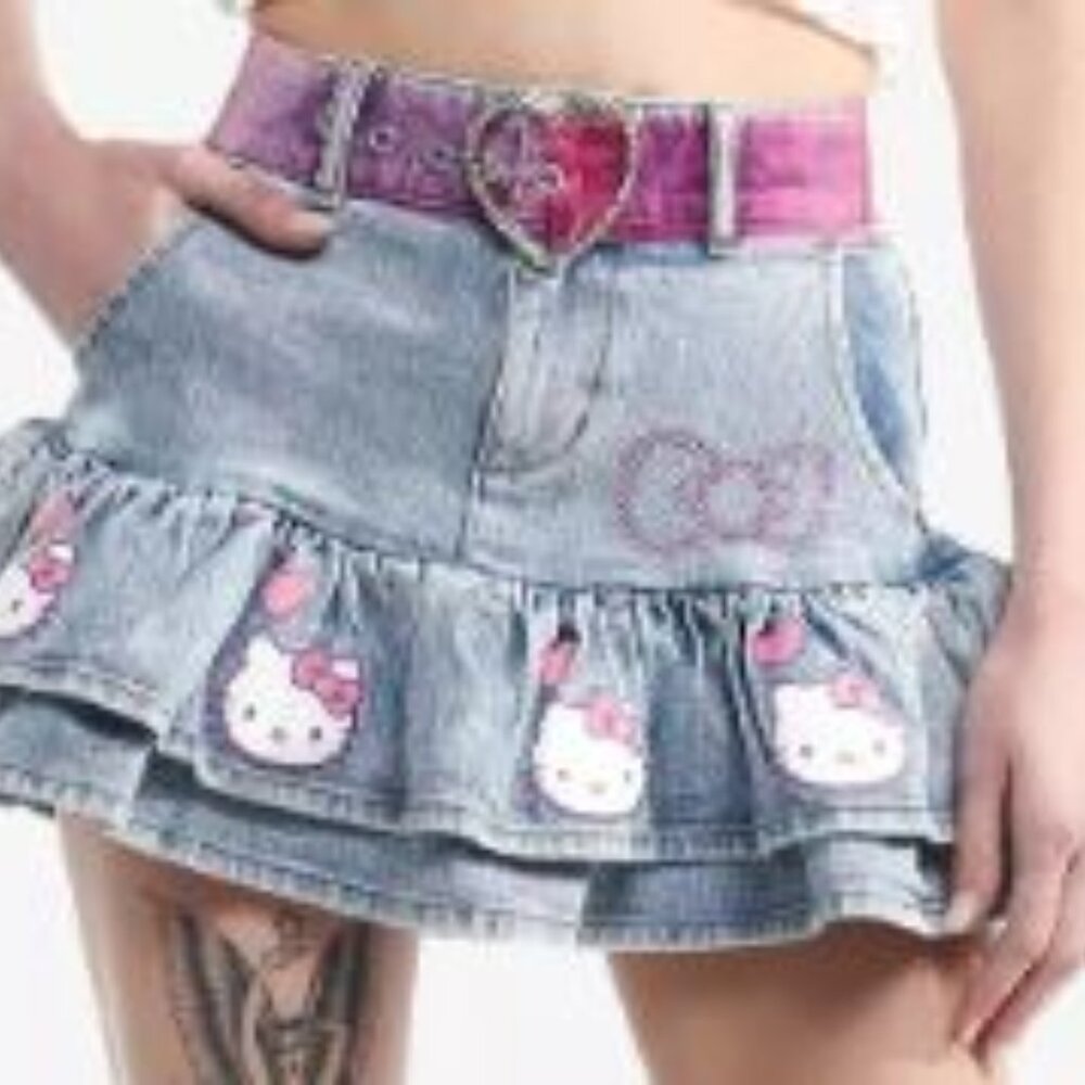 New Hello Kitty Pink Heart Belt Denim Mini Skirt